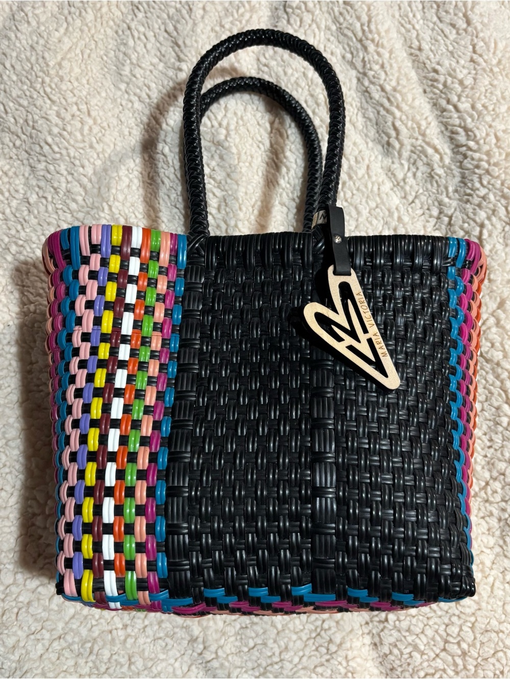 Maria Victoria Black Woven Tote Bag with Multicolor Trim